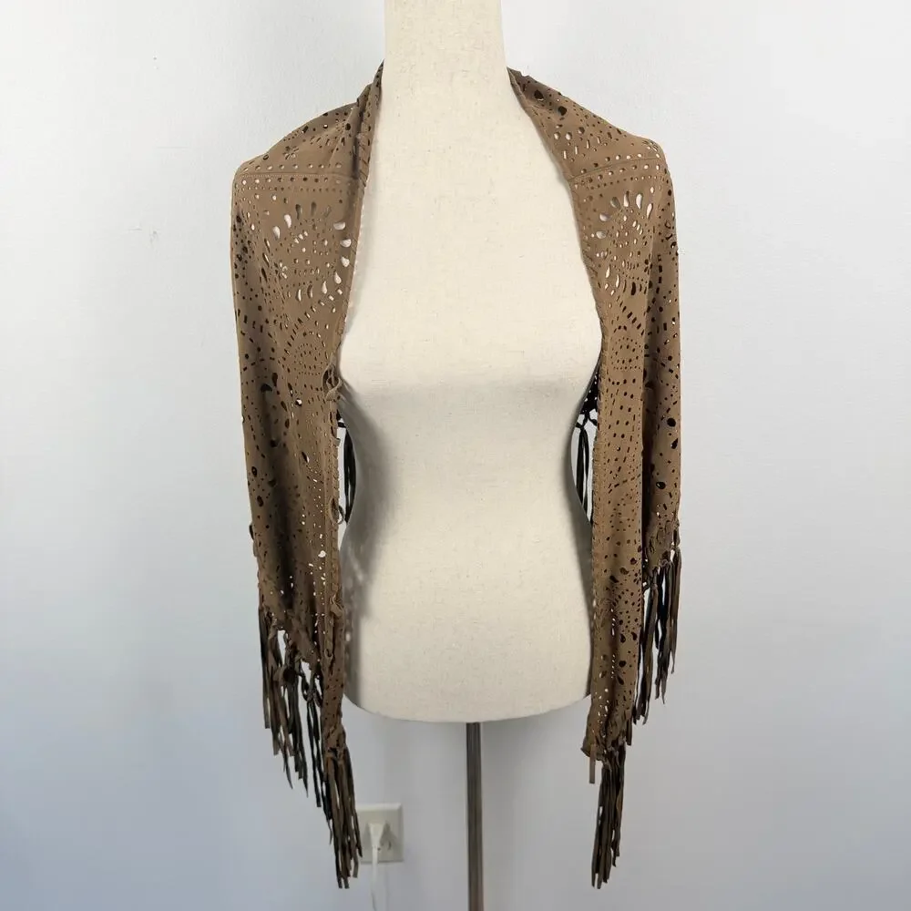 AMERICAN EAGLE Brown Faux Suede Lazercut Fringe Wrap Shawl Western